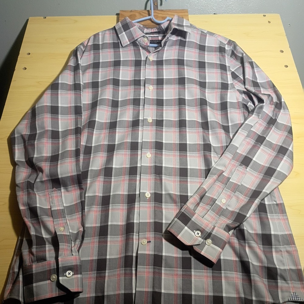 Banana Republic Button Down Shirt Mens Large Grey Red Plaid Camden Fit Non-Iron